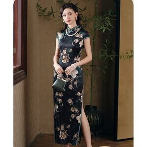 Black Floral Mulberry Silk Cheongsam Qipao Dress Mulberry Silk Size Medium